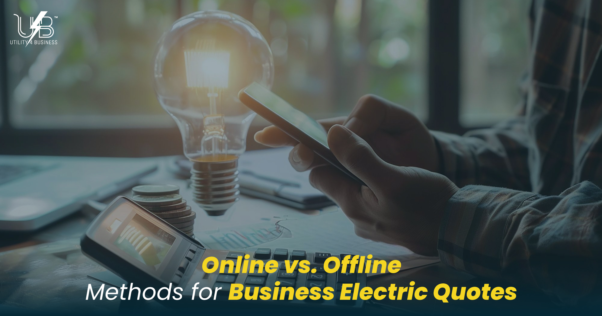 UK firms compare online vs offline business electric quotes, using phone and calculator for fair decisions.